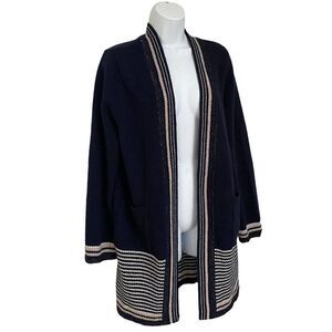 SUNCOO PARIS WOOL OPEN FRONT SWEATER Cardigan Navy Metallic Stripe M Preppy